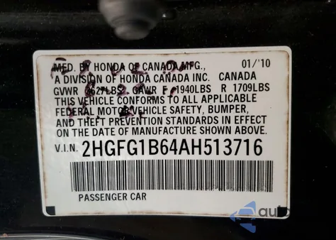 2010 Honda Civic z USA, uszkodzony, nr VIN 2HGFG1B64AH513716